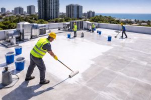 عمال يعزلون السطح للحفاظ علي درجة حرارة المنزل